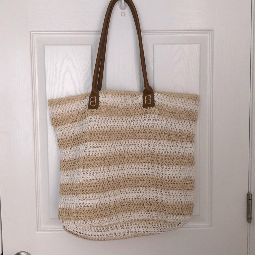 Straw Studio White & Beige Stripe Straw Tote Bag